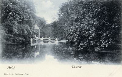 15928 Gezicht op de vijver in het park van Slot Zeist te Zeist uit het zuidoosten; met op de achtergrond de toegangsbrug.